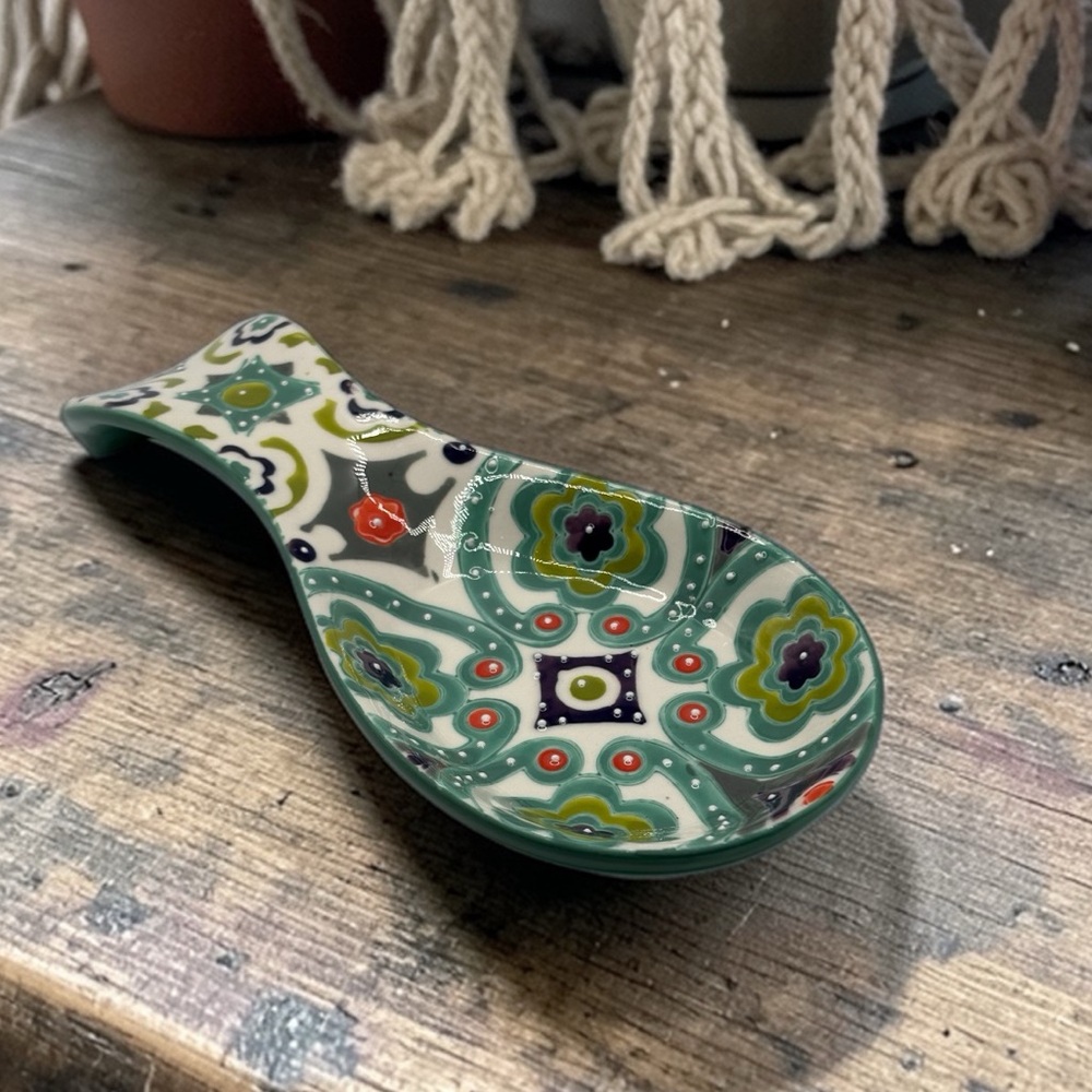Anthropologie Okuno Green Blue Multi-Color Ceramic Spoon Rest Bohemian 6”